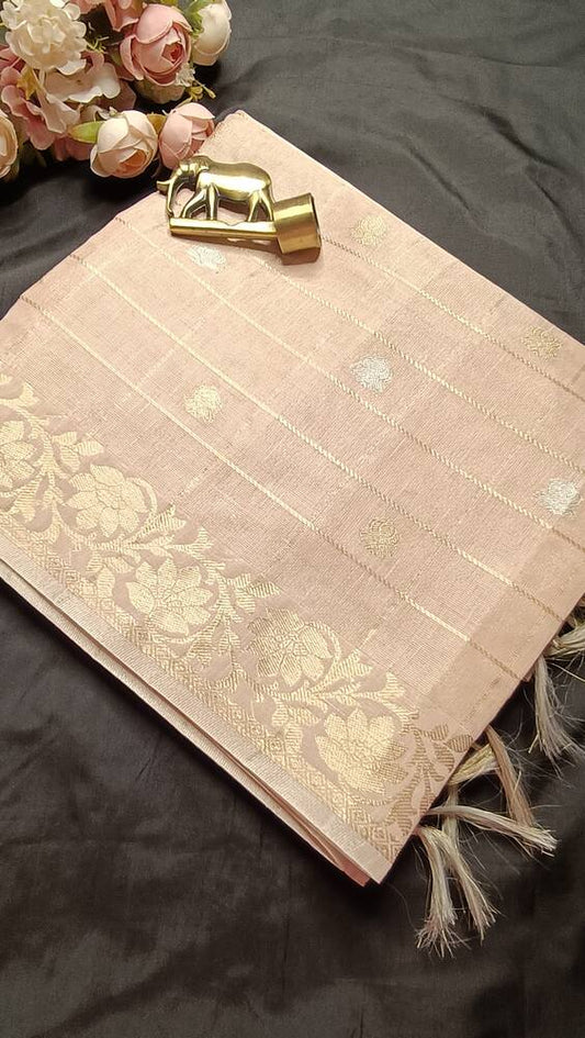 PEACH BANARASI LINEN TISSUE SILK SAREE