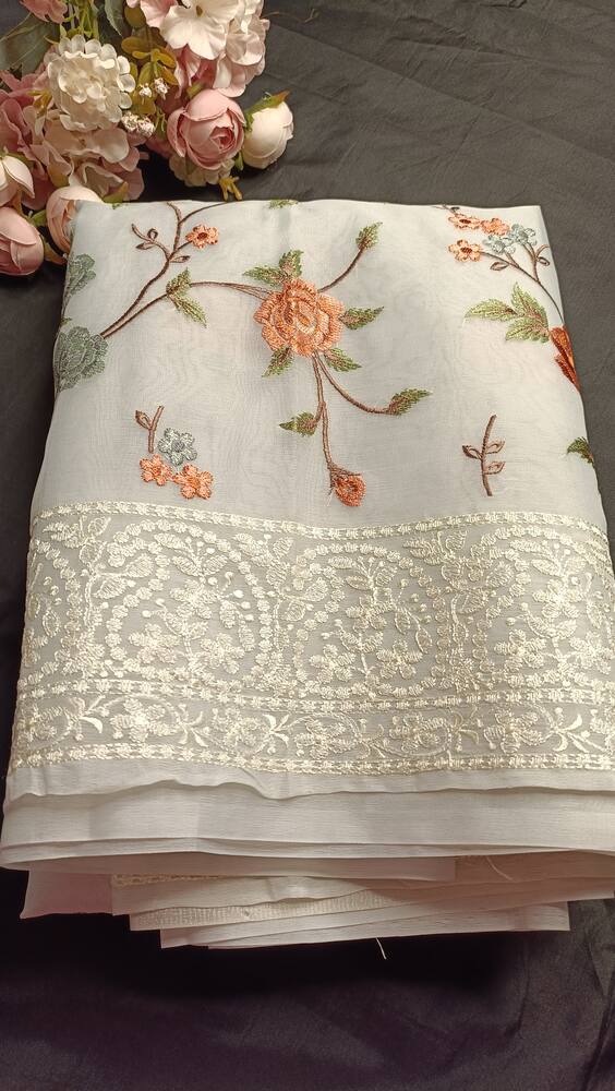 BLUE FLORAL EMBROIDERED CHIKANKARI BANARASI ORGANZA SAREE