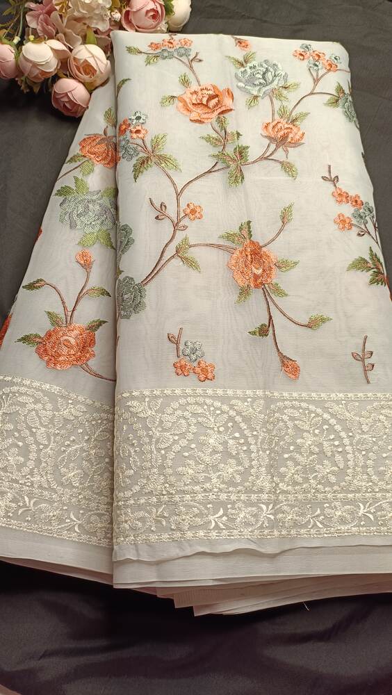 BLUE FLORAL EMBROIDERED CHIKANKARI BANARASI ORGANZA SAREE