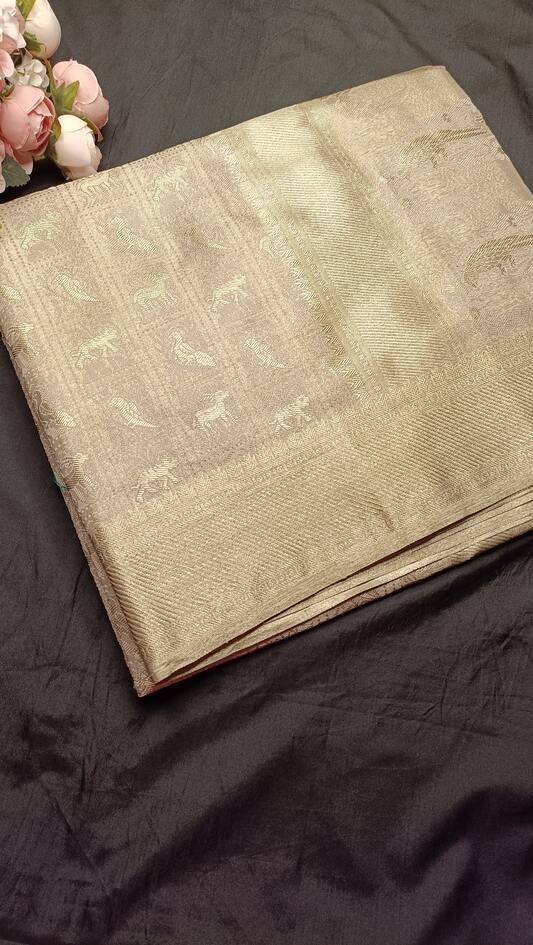 GOLDEN BEIGE BOX SHIKARGAH TISSUE KATAN BANARASI SILK SAREE