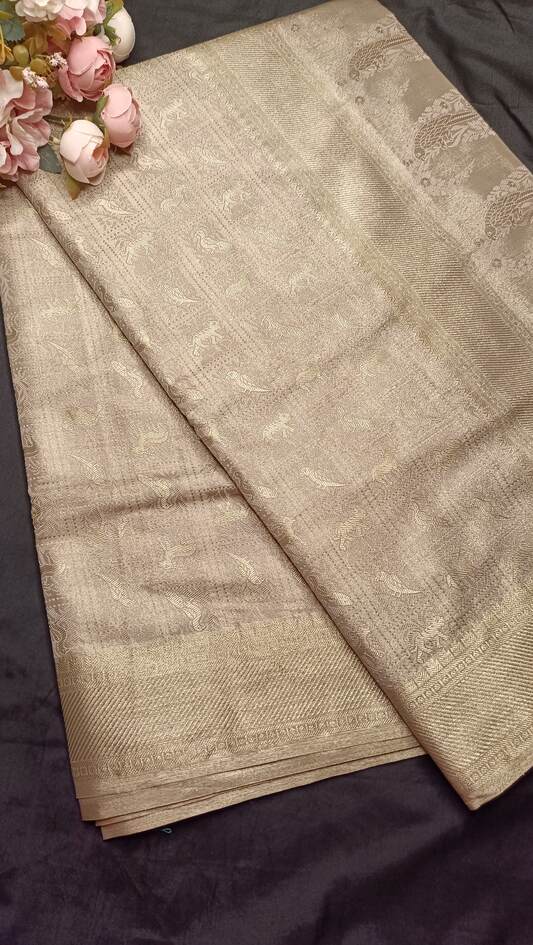 GOLDEN BEIGE BOX SHIKARGAH TISSUE KATAN BANARASI SILK SAREE