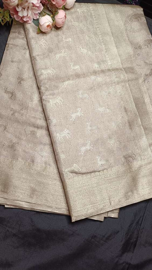 GOLDEN BEIGE SHIKARGAH TISSUE KATAN BANARASI SILK SAREE
