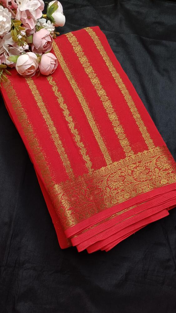 RED STRIPED BANARASI KHADDI GEORGETTE SAREE (Copy)