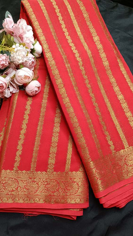 RED STRIPED BANARASI KHADDI GEORGETTE SAREE (Copy)