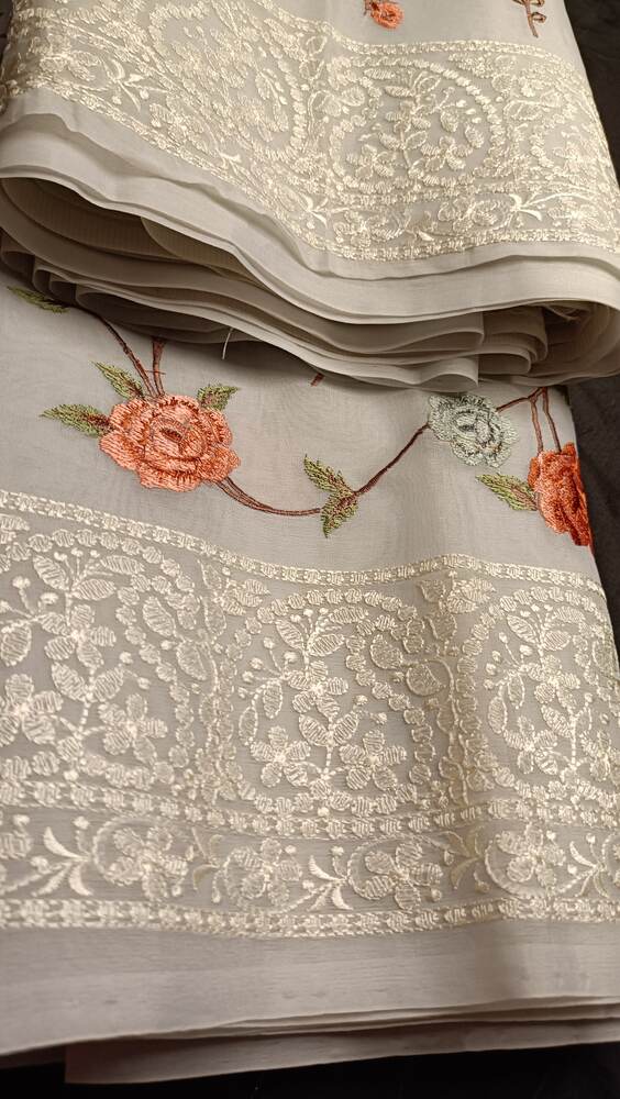 BLUE FLORAL EMBROIDERED CHIKANKARI BANARASI ORGANZA SAREE