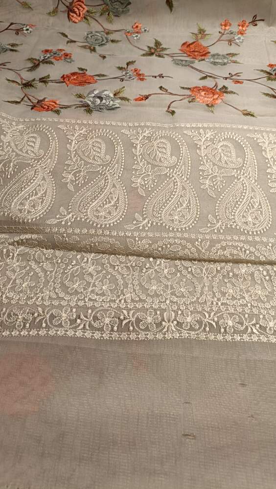 BLUE FLORAL EMBROIDERED CHIKANKARI BANARASI ORGANZA SAREE