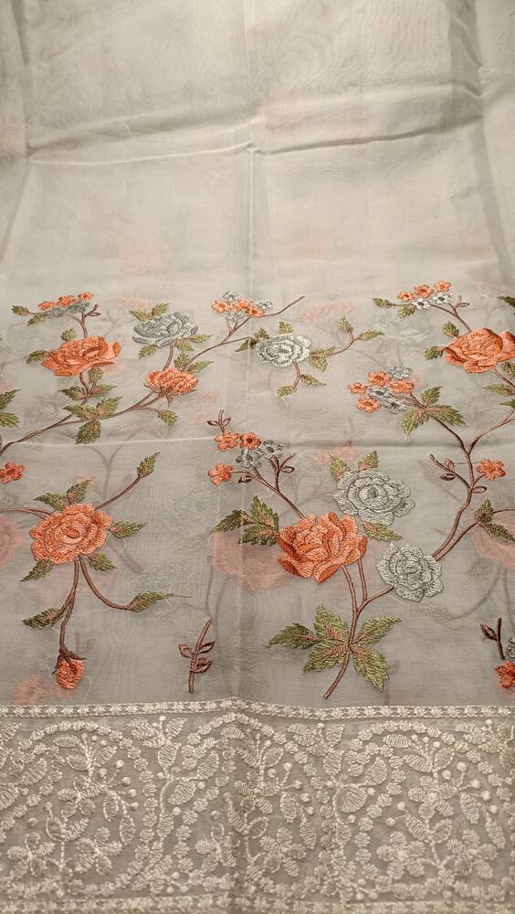 BLUE FLORAL EMBROIDERED CHIKANKARI BANARASI ORGANZA SAREE