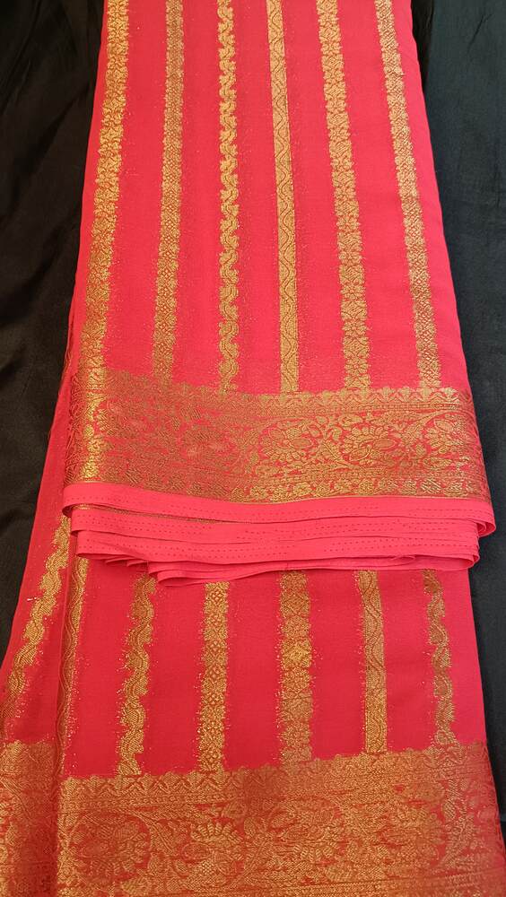 RED STRIPED BANARASI KHADDI GEORGETTE SAREE (Copy)