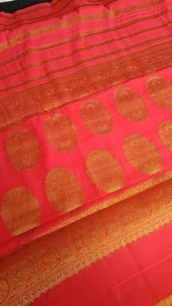 RED STRIPED BANARASI KHADDI GEORGETTE SAREE (Copy)