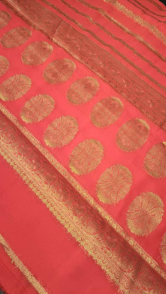 RED STRIPED BANARASI KHADDI GEORGETTE SAREE (Copy)