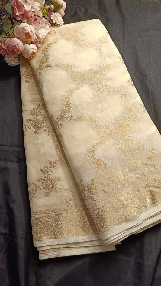 OFF-WHITE ROSE JAAL BANARASI GEORGETTE SAREE