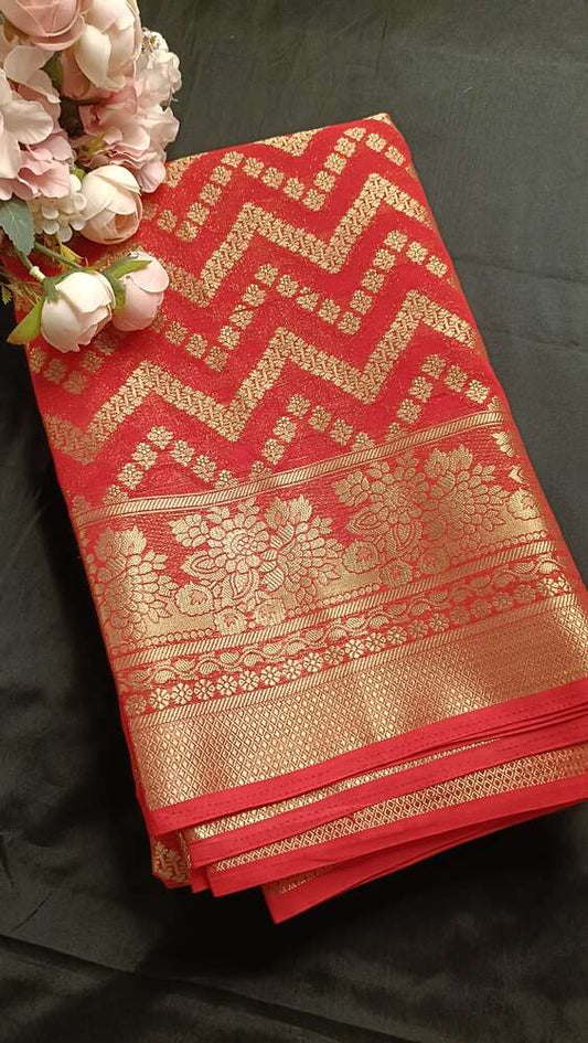 RED ZIGZAG LEHARIYA BANARASI KHADDI GEORGETTE SAREE
