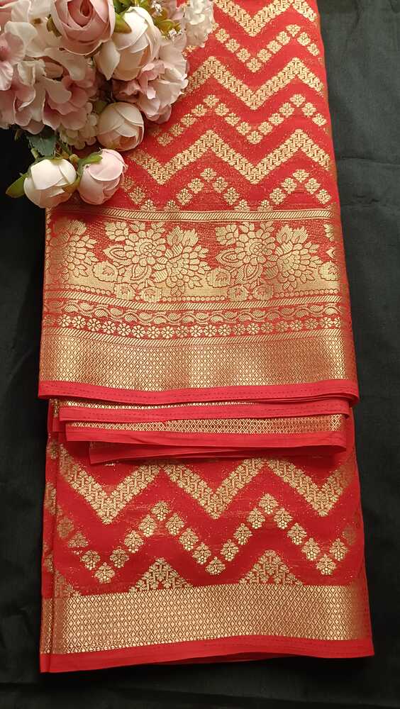 RED ZIGZAG LEHARIYA BANARASI KHADDI GEORGETTE SAREE