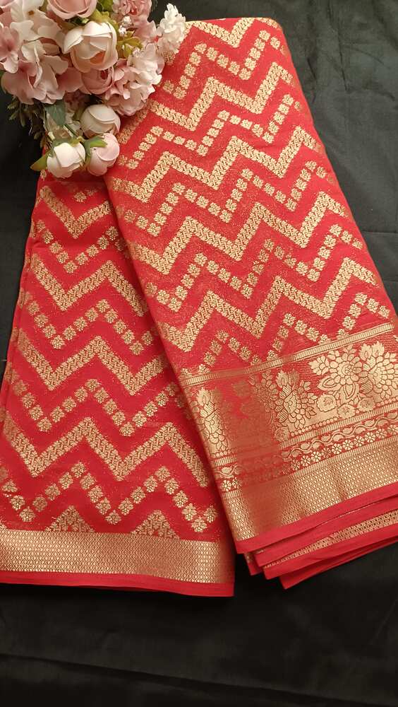 RED ZIGZAG LEHARIYA BANARASI KHADDI GEORGETTE SAREE
