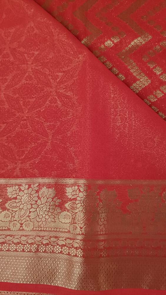 RED ZIGZAG LEHARIYA BANARASI KHADDI GEORGETTE SAREE