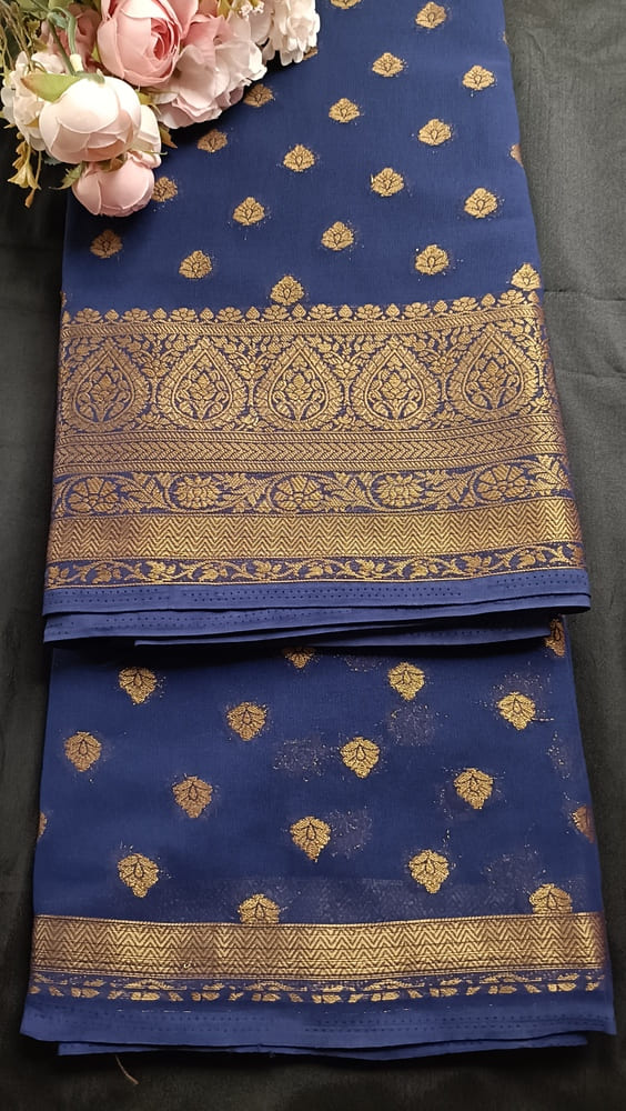 NAVY BLUE BUTTA BUTI BANARASI KHADDI GEORGETTE SAREE
