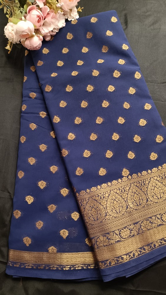 NAVY BLUE BUTTA BUTI BANARASI KHADDI GEORGETTE SAREE