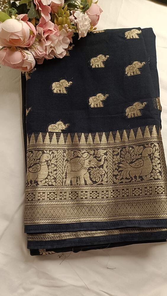 BLACK ELEPHANT BANARASI KHADDI GEORGETTE SAREE