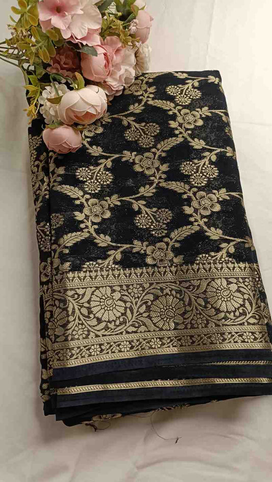 NAVY BLACK TRIFLORAL JAAL BANARASI KHADDI GEORGETTE SAREE