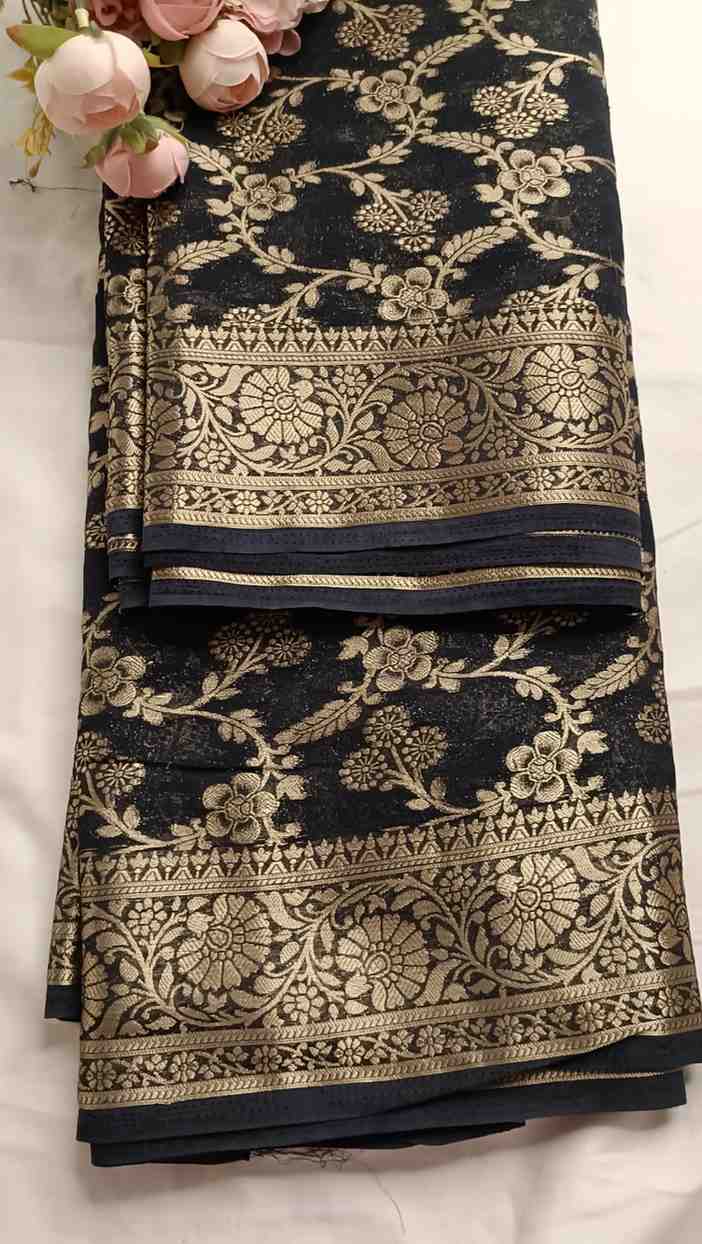 NAVY BLACK TRIFLORAL JAAL BANARASI KHADDI GEORGETTE SAREE