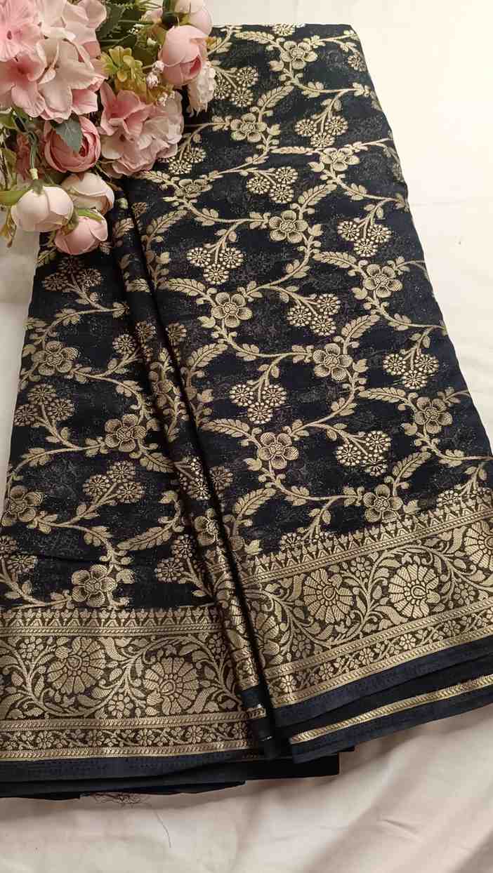 NAVY BLACK TRIFLORAL JAAL BANARASI KHADDI GEORGETTE SAREE
