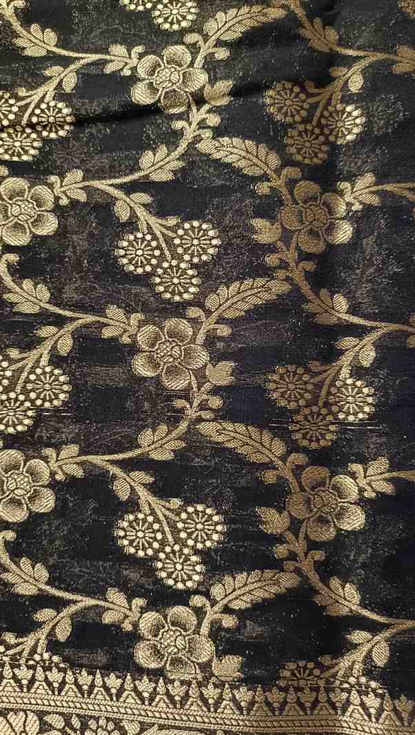 NAVY BLACK TRIFLORAL JAAL BANARASI KHADDI GEORGETTE SAREE