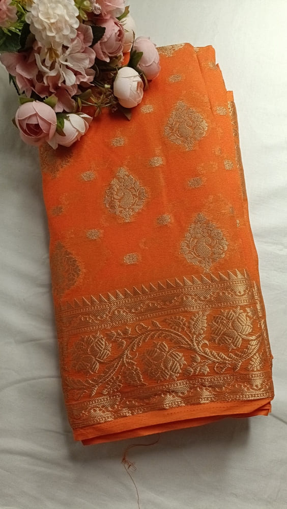 ORANGE MANGO LEAF BUTTA BUTI BANARASI GEORGETTE SAREE