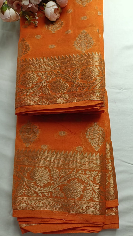 ORANGE MANGO LEAF BUTTA BUTI BANARASI GEORGETTE SAREE
