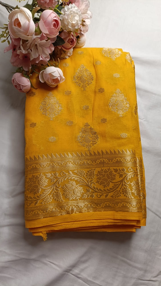 YELLOW MANGO LEAF BUTTA BUTI BANARASI GEORGETTE SAREE