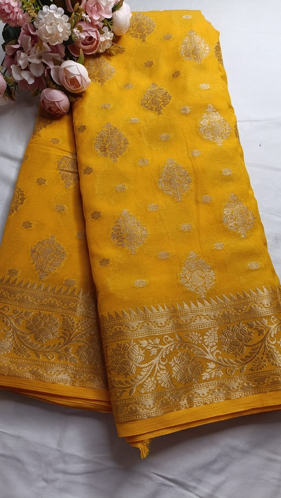YELLOW MANGO LEAF BUTTA BUTI BANARASI GEORGETTE SAREE