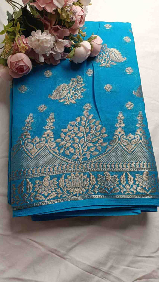 SKY BLUE PEACOCK BUTI BANARASI GEORGETTE SAREE