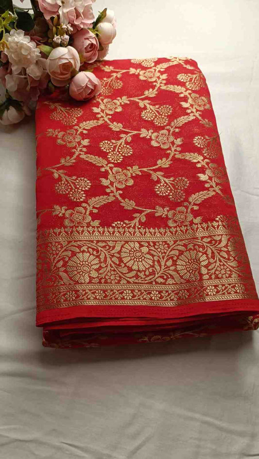 RED TRIFLORAL JAAL BANARASI KHADDI GEORGETTE SAREE