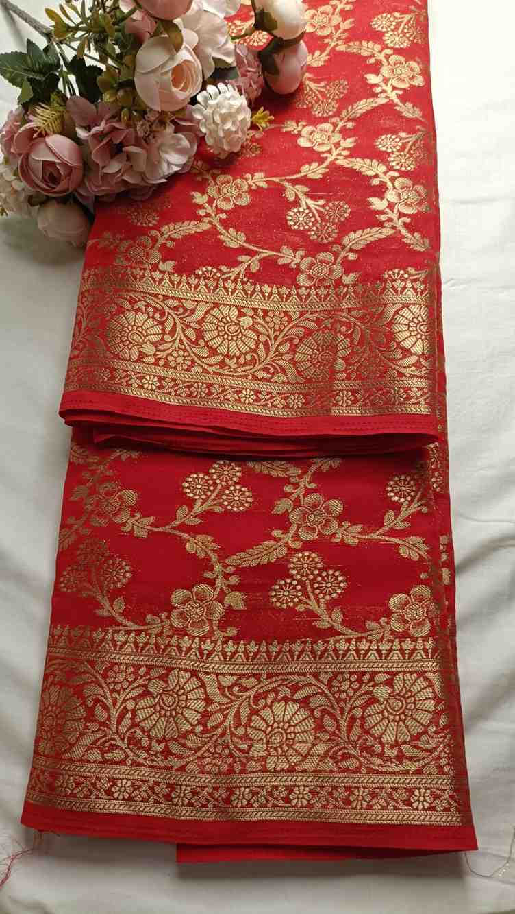 RED TRIFLORAL JAAL BANARASI KHADDI GEORGETTE SAREE