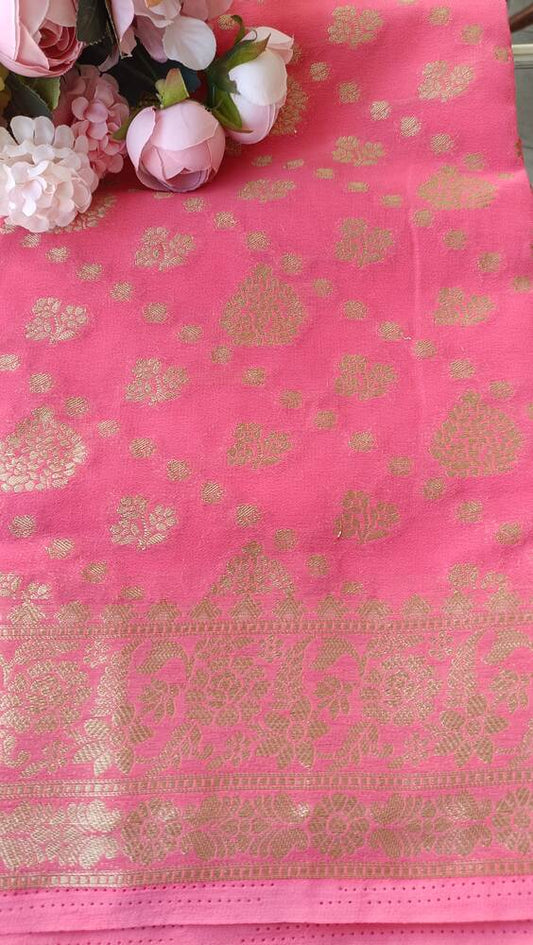PINK LEAF DIAGONAL BUTI BANARASI KHADDI GEORGETTE SAREE