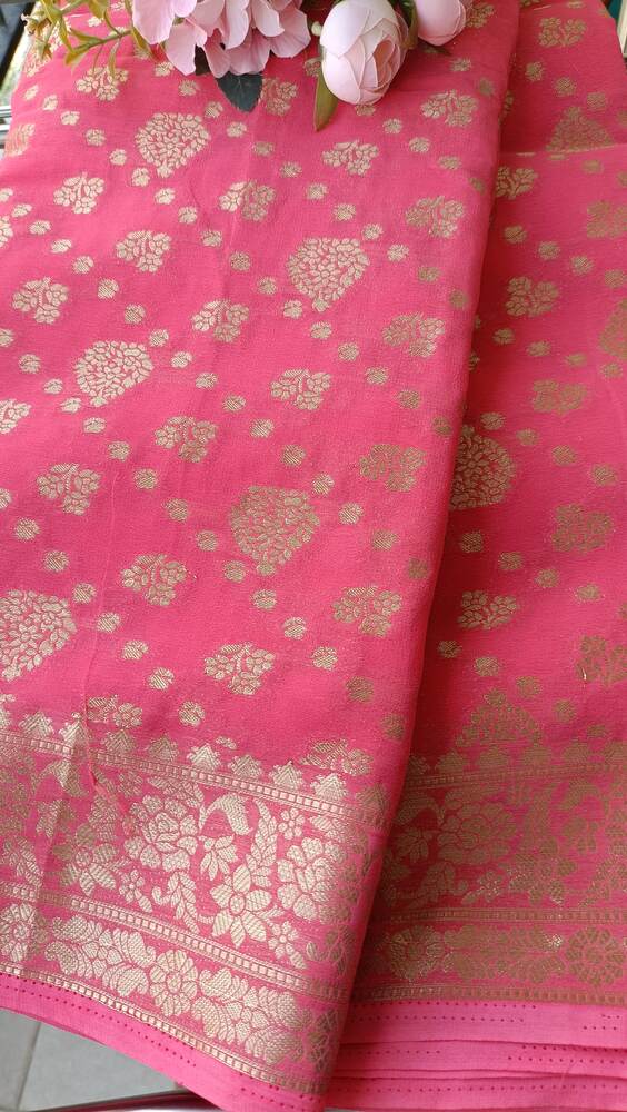 PINK LEAF DIAGONAL BUTI BANARASI KHADDI GEORGETTE SAREE