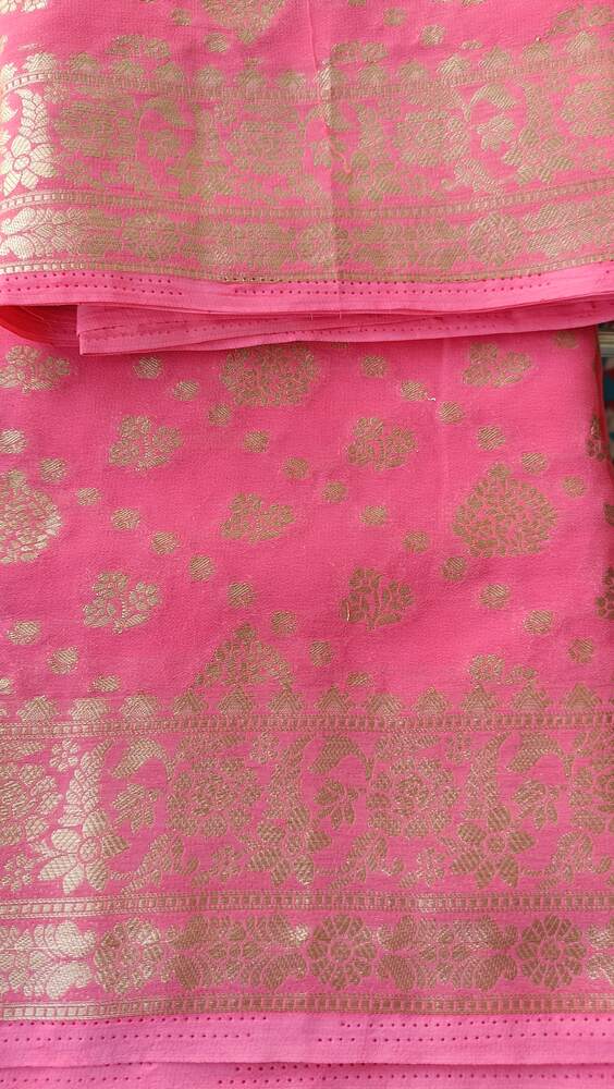 PINK LEAF DIAGONAL BUTI BANARASI KHADDI GEORGETTE SAREE
