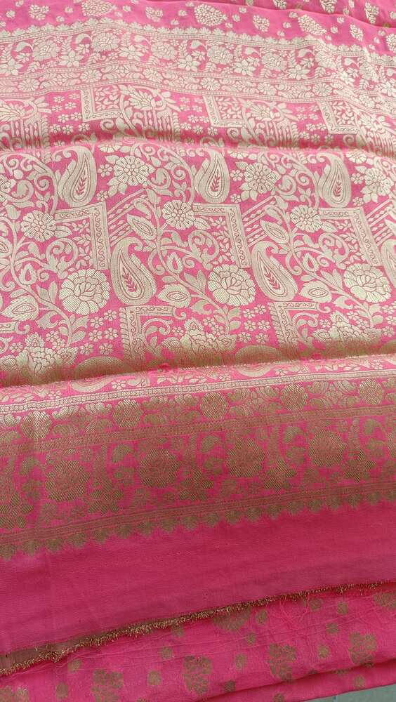 PINK LEAF DIAGONAL BUTI BANARASI KHADDI GEORGETTE SAREE