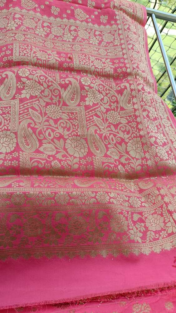 PINK LEAF DIAGONAL BUTI BANARASI KHADDI GEORGETTE SAREE
