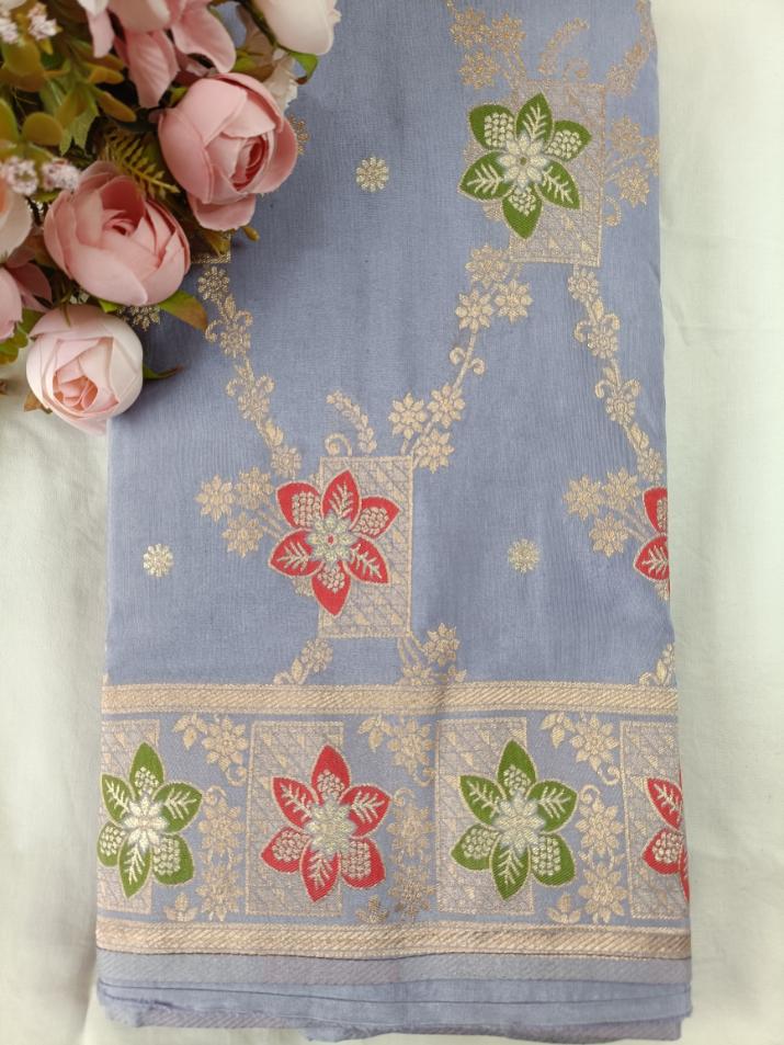 GREYISH BLUE FLORAL JAAL MEENA BANARASI VISCOSE SAREE