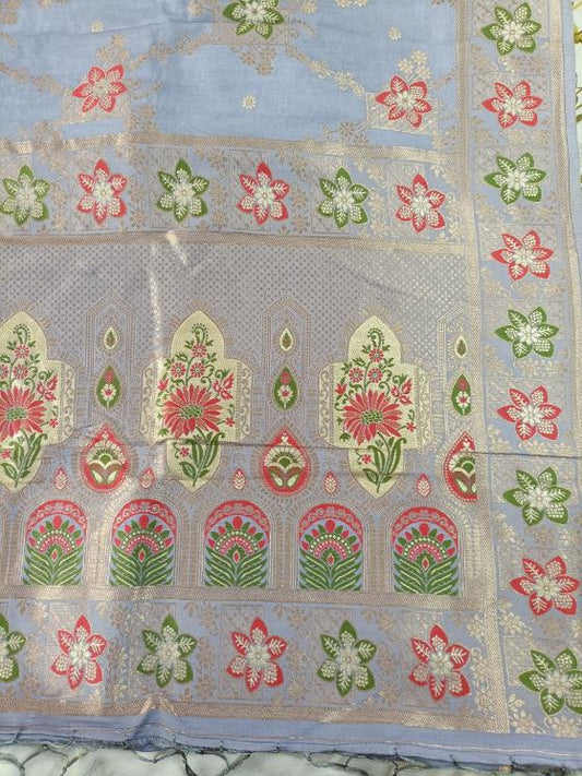 GREYISH BLUE FLORAL JAAL MEENA BANARASI VISCOSE SAREE