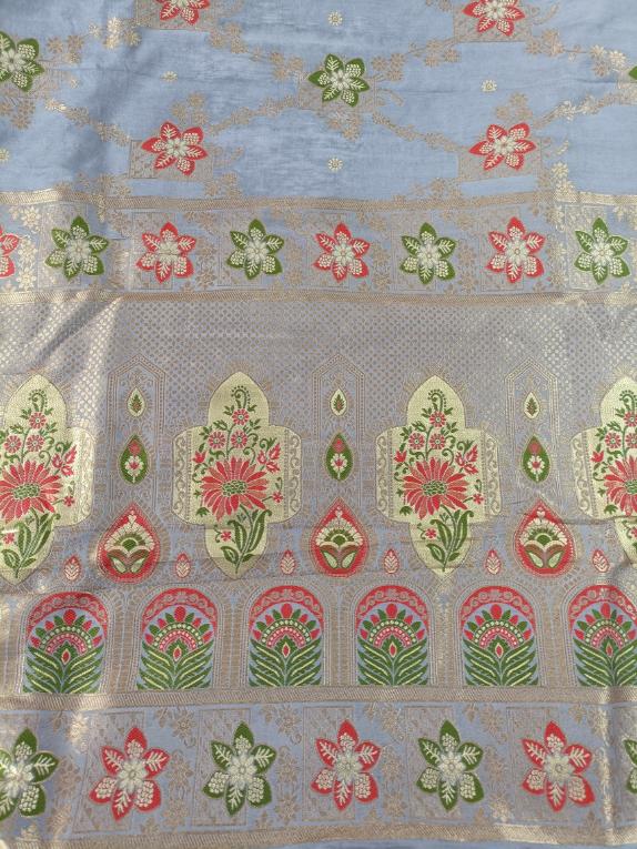 GREYISH BLUE FLORAL JAAL MEENA BANARASI VISCOSE SAREE
