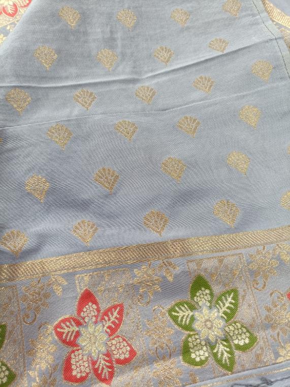 GREYISH BLUE FLORAL JAAL MEENA BANARASI VISCOSE SAREE