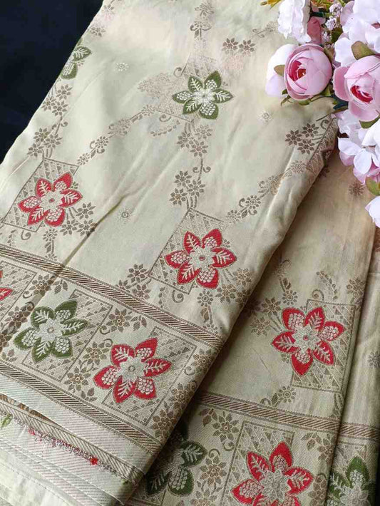 GREENISH WHITE FLORAL JAAL MEENA BANARASI VISCOSE SAREE