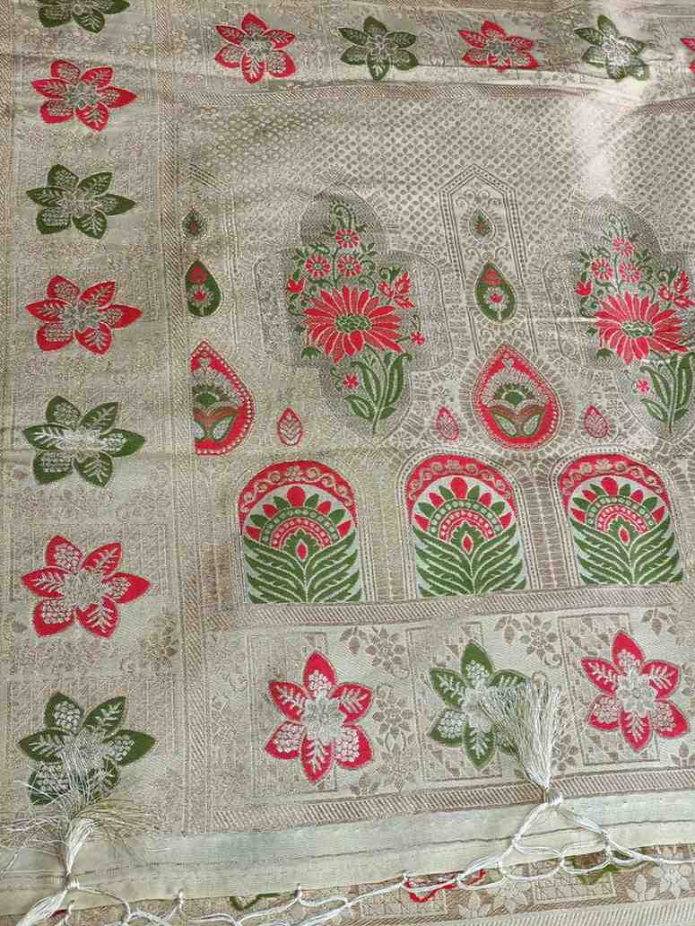 GREENISH WHITE FLORAL JAAL MEENA BANARASI VISCOSE SAREE
