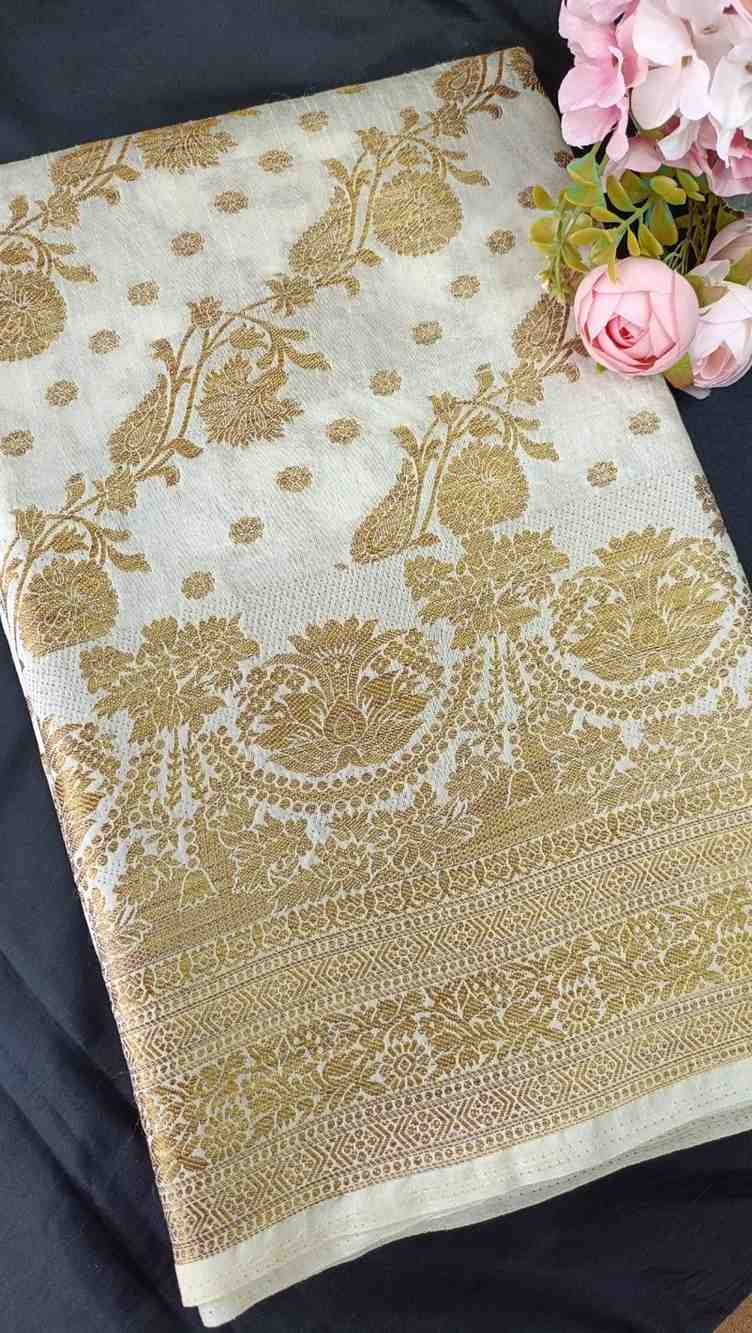 OFF WHITE ANTIQUE FLORAL LEHARIYA SEMI SILK