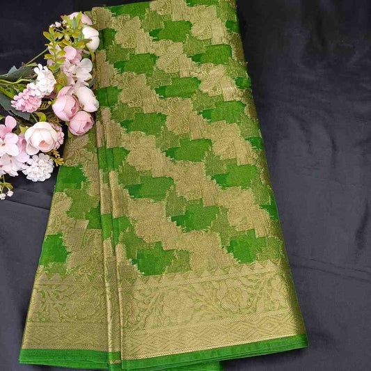GREEN LEHARIYA PARTY ORGANZA BANARASI SAREE