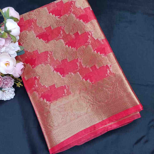 PEACH PINK LEHARIYA PARTY ORGANZA BANARASI SAREE