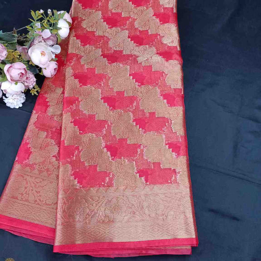 PEACH PINK LEHARIYA PARTY ORGANZA BANARASI SAREE