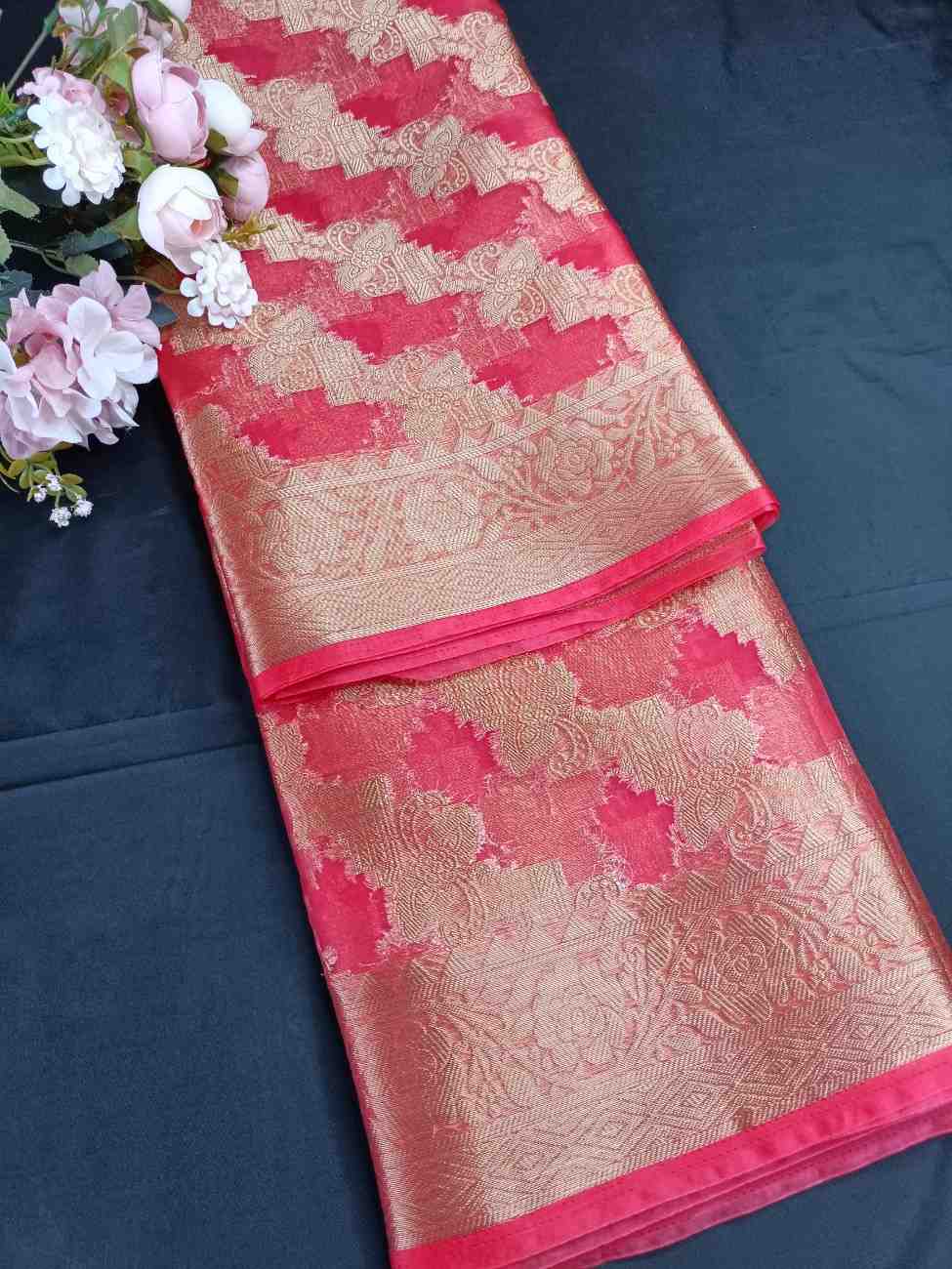 PEACH PINK LEHARIYA PARTY ORGANZA BANARASI SAREE