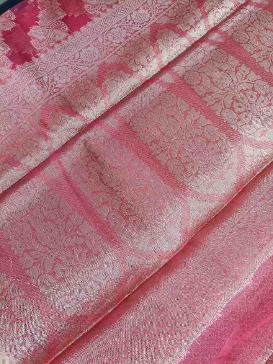 PEACH PINK LEHARIYA PARTY ORGANZA BANARASI SAREE